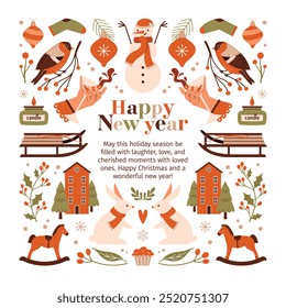 Cartão de saudação quadrado. Feliz Ano Novo. Modelo vetorial com ilustrações de inverno ingênuas de coelhos, boneco de neve, trenó, visco, bagas de azevinho, mão com coquetel de vidro, bullfinch, brinquedo de natal, cavalo.