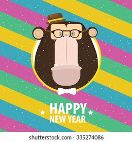 Square greeting card Happy New Year with hipster monkey in varicolored frame