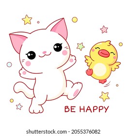 Square greeting card with kawaii cat and duckling. Two cute friends kitten and duck have fun and rejoice. Inscription Be Happy. Vector illustration EPS8