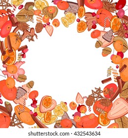 Square greeting card with l Christmas symbols and space for text. Red, beige and orange color. Traditional template for  festive design,  invitations, posters.
