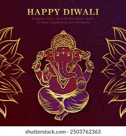 Square greeting card with Lord Ganesha in gold outline on red background with lotus flower and text - Happy Diwali. Indian holiday invitation poster for Festival of Lights (Deepavali, Dipavali)