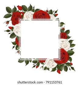 Square greeting card on red and pink blooming rose flowers. Floral wreath.