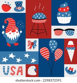 Square greeting card with patriotic symblos of USA independence day. Social media poster for 4th of July. National american symbols in flat cartoon style. Retro vintage colors. Vector illustration.