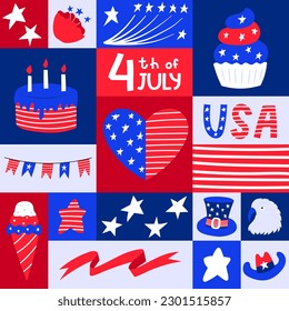 Tarjeta de saludo cuadrada con símbolos patrióticos del Día de la Independencia de Estados Unidos. Afiche en medios sociales para el 4 de julio. Símbolos norteamericanos nacionales en estilo de caricatura plana. Ilustración vectorial de color brillante