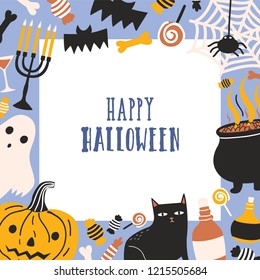 Square greeting card or postcard template decorated with frame consisted of spooky creatures, Jack-o'-lantern, sweets and Happy Halloween wish. Colorful vector illustration in flat cartoon style.