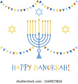 Square greeting card or postcard template. Vector illustration with David star, flags and menorah with candles for Happy Hanukkah holidays