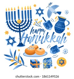 Square greeting card or postcard template with Happy Hanukkah lettering and holiday symbols and attributes - menorah, sufganiyah doughnuts, olive branch, flying dove, dreidels. Vector illustration