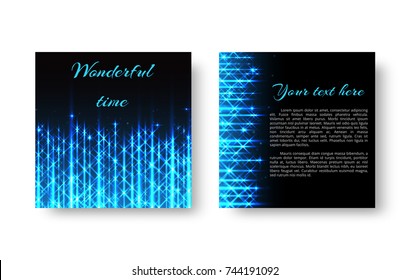 A square greeting card template with a blue neon light on a black background