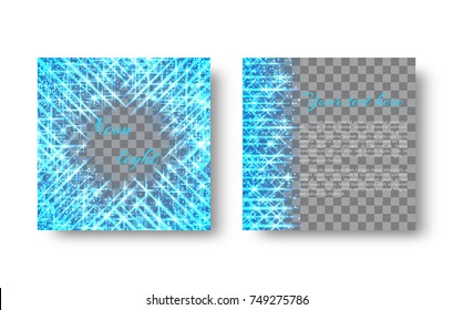 A square greeting card template with blue neon stripes on a transparent background