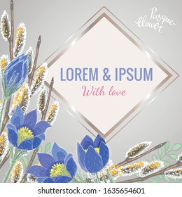 Square greeting card template with diamond-shaped gold frame and hand-drawn snowdrops and pussy-willow twigs with fluffy buds.