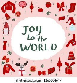Square greeting card template with festive elements and added handwritten note. Joy to the world. 