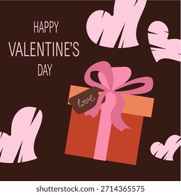 Una Plantilla cuadrada de la tarjeta de felicitación con una caja de regalo, lazo rosado, y corazones de doodle rosados en fondo marrón oscuro. Perfecto para un mensaje romántico o una invitación de fiesta.
