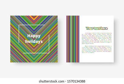 A square greeting card template with multicolored stripes of different widths. Vector illustration with blue, green, yellow, orange, pink lines.
