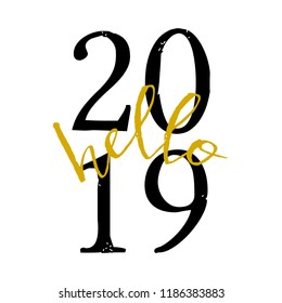 Square greeting card template with typographic design for 2019 in black and yellow isolated on white background. Modern and minimalist postcard, social media post, blogging, poster design.
