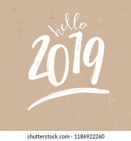 Square greeting card template with typographic design for 2019 in white on craft paper background. Modern and minimalist postcard, social media post, blogging, poster design.