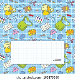 Square greeting card with a vector school seamless pattern of education equipment: bag, book, copybook, diary, ruler, pen, pencil, pencil box, glue, eraser.
