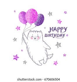 Square greeting card with white cat with glittering purple balloons and purple lettering happy birthday on star background - vector Illustration