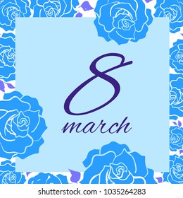 Square greeting card women's day with blue roses frame