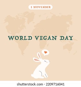 Square greeting card for World Vegan Day. No animal testing concept. Cute bunny with slogan friends no food. Environment and bio eco organic product concept. Vector flat hand drawn illustration.