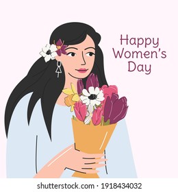 Square greeting card with young woman and bouquet. Happy international women's or mother's day concept. Handsome girl holding flowers in craft packaging. Springtime design. Vector flat illustration