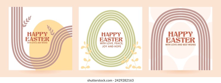 СSammlung von quadratischen Grußkarten für Happy Easter. Retro-grooviger Boho-Stil. Bögen und Wellen. Kalligraphie, Eizeizeichen, Y2K. Vektorgrafik