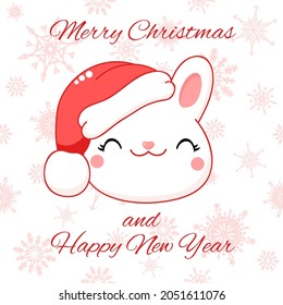 Square greeting Christmas card with kawaii bunny. Cute white rabbit In Santa hat. Inscription Merry Christmas and Happy New Year. Vector illustration EPS8