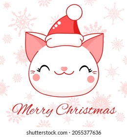 Square greeting Christmas card with kawaii cat. Cute white kitty In Santa hat. Inscription Merry Christmas. Vector illustration EPS8