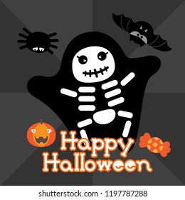 Square greeting Happy Halloween card with black and white skeleton with orange pumpkin, black bat and spider.