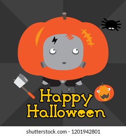 Square greeting Happy Halloween card with orange pumpkin monster with smiling pumpkin.