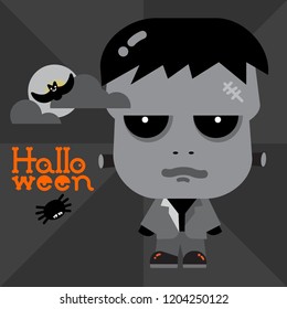 Square greeting Happy Halloween card with Frank monster with black spider.