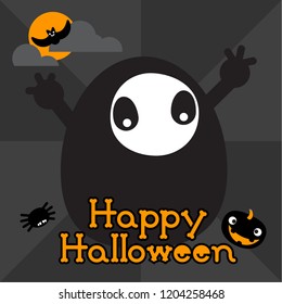 Square greeting Happy Halloween card with round black monster with smiling black pumpkin.