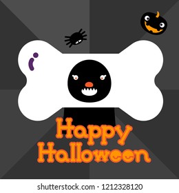 Square greeting Happy Halloween card with black bone monster with smiling pumpkin and black spider.