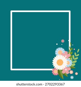 Square greeting postcard with delicate spring flowers and leaves in soft pastel colors on blue background. Elegant floral vector design Happy Birthday. Copy space
