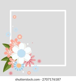 Postal de felicitación cuadrada con delicadas flores y hojas de primavera en colores pastel suaves sobre fondo gris claro. Elegante diseño de Vector floral Feliz cumpleaños. Copiar espacio. Plantilla de invitación.