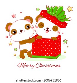 Square greeting xmas card with kawaii pandas. Two cute pandas friends playing with gift box. Inscription Merry Christmas. Vector illustration EPS8 