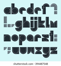 Square grey font with white inside path. Geometric typeface. Minimal typewriter. Latin alphabet letters on blue background. Hipster font, typeface, typography. Vector alphabet set. Creative font.
