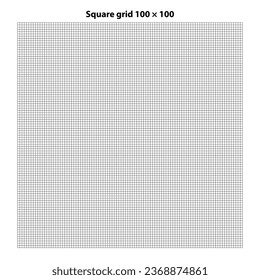 Square grid with 100 by 100 squares, grid texture background, vector illustration. White backdrop with abstract grid lines and black square lines.