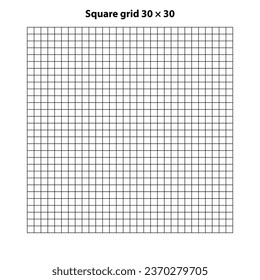 Square grid with 30 by 30 squares, grid texture background, vector illustration. White backdrop with abstract grid lines and black square lines.