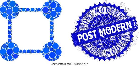 Square grid centers vector collage of round dots in different sizes and blue color tinges, and distress Post Modern stamp. Blue round sharp rosette seal has Post Modern text inside.