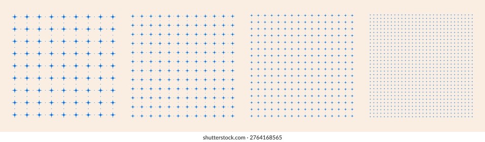 Square grid collection dot star geometry, four samples blueprint style. Node point lattice structure, interface layouts editorial compositions planning sheets dashboards digital technology graphics.