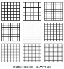 Square grid layout. Vector structured pattern. Black geometric shape. Minimalist cell format. 