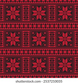 Square grid monochrome pixel art cross stich floral seamless pattern in red on a black background. Designed for fabric textures, textile prints, wallpaper, and other prints.