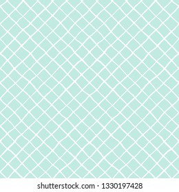 Square grid, net, mesh made of uneven doodle style diagonal wavy stripes. Mint green and white seamless repeat plaid, check pattern. Lattice texture, crossing streaks geometric hand drawn background.