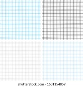 Square grid paper Notebook sheet texture cell template set. Squared blank sheet with blue, gray, black, light blue lines on white background. Flat design. Vector illustration