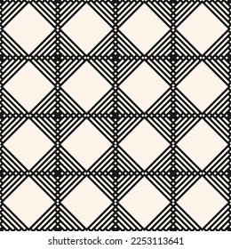 Patrón cuadrado de cuadrícula. Ornamento vectorial de soldadura geométrica en blanco y negro. Sencilla textura geométrica monocromática con líneas, diamantes, cuadrados, rayas, rejilla, tejas repetidas. Resumen de fondo a cuadros