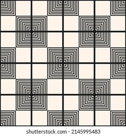 Square grid pattern. Vector geometric seamless ornament. Simple monochrome geometrical texture with lines, squares, stripes, repeat tiles. Abstract black and white graphic checkered background design