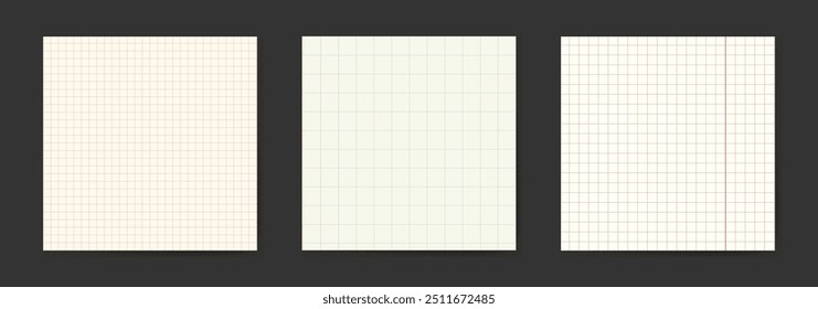 Square grid school paper sheet background with empty space. Design of cell pages for math. Notebook illustration with empty place for text. Blank education posters.