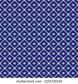 Square grid seamless pattern. Vector abstract geometric texture with crossing lines, small squares, net, lattice, grill. Deep blue and gold color. Elegant vintage background. Simple repeated design