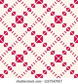 Square grid seamless pattern. Vector abstract geometric texture with small squares, cross lines, net, lattice, grill. Elegant red and white background. Repeat design for decor, textile, gift paper