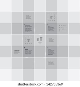 Square grid template. Colorfully template with four primary steps or choices and space for secondary information.